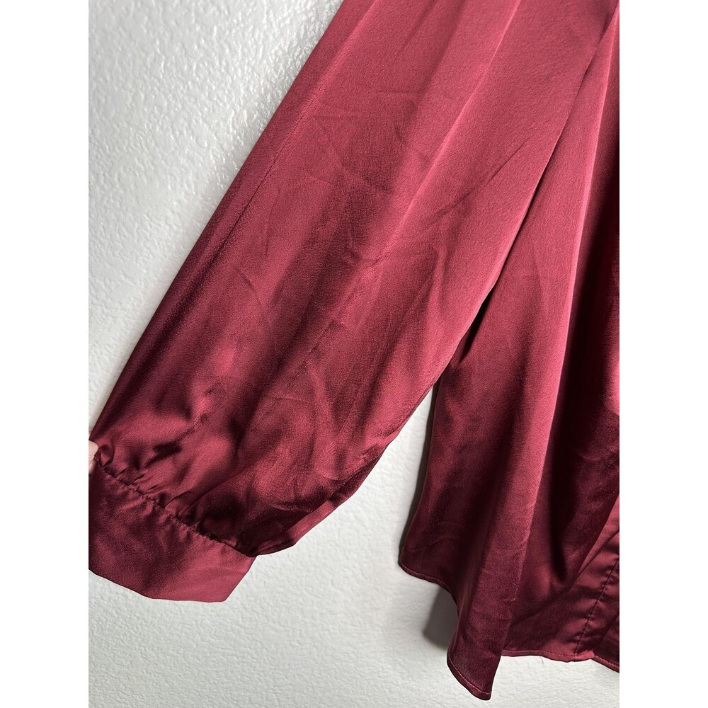 Ashley Stewart Blouse Womens 20 Red Satin Ruched Button Front Long Sleeve Top - Picture 4 of 5